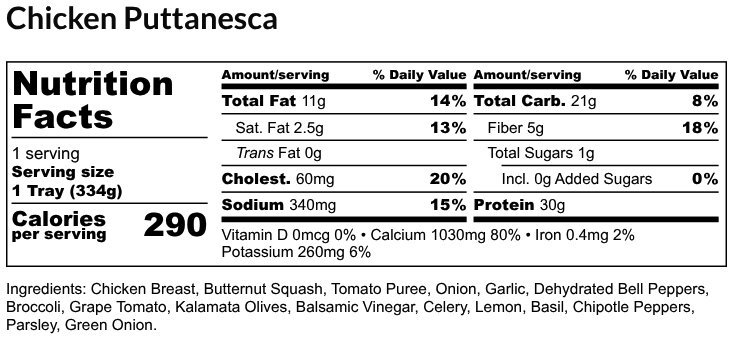 Nutritional Facts - Chicken Puttanesca 6oz